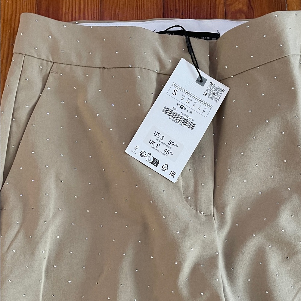 Zara Women's Tan Cropped Pants with rhinestones.